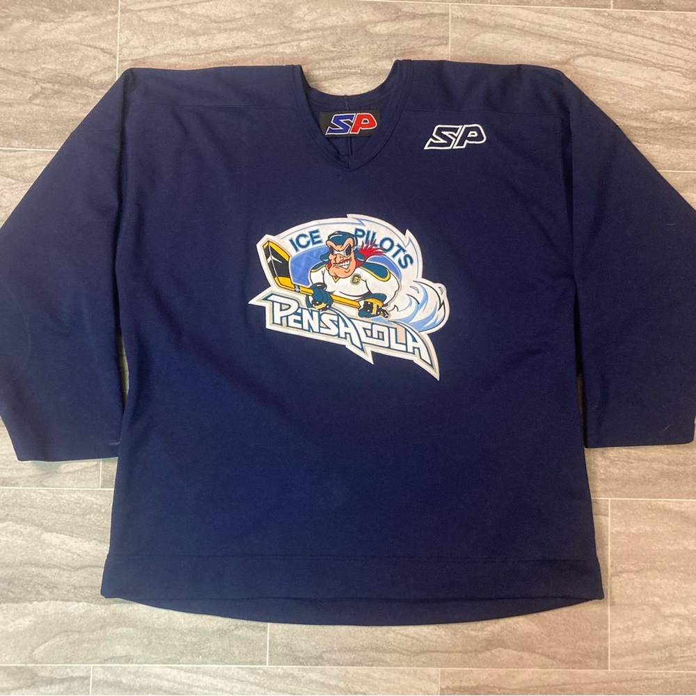 2000s Pensacola Ice Pilots Game Worn Used Practice Jersey Blue ECHL Sz 56 MIC